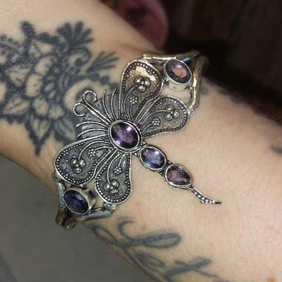 Amethyst Dragonfly Adjustable Bangle Bracelet - Picture 2 of 6